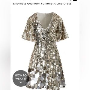 Paillette a-line dress. Gold, flounce sleeves. V neck line. Fully lined. Party.